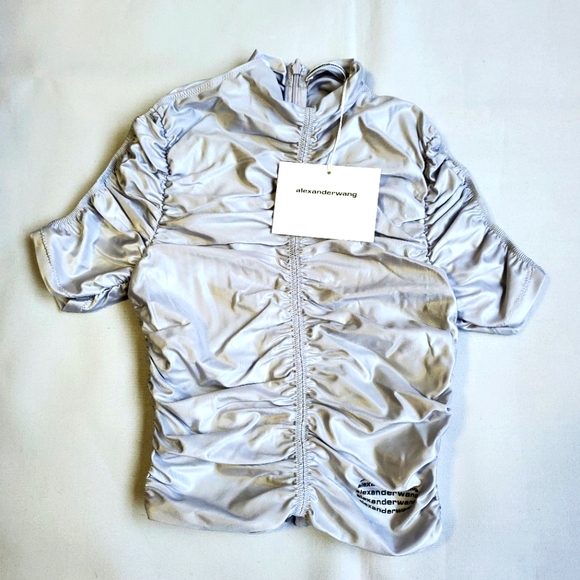 NWT$350 Alexander Wang Ruched Mock Neck Logo Silver Fox Crop Top Back Zip Sz XS - Picture 9 of 15
